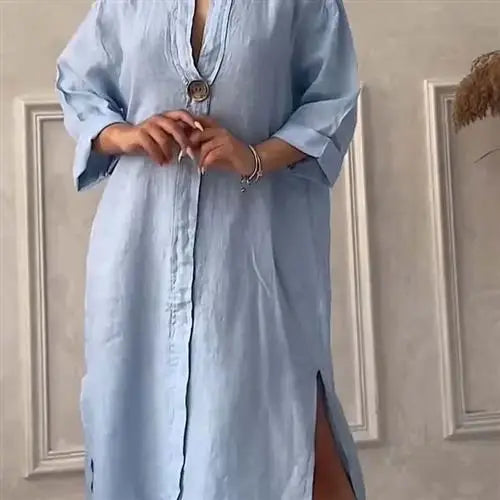 Women's Casual Button-Up Linen irt Long Ne round Color Blo Pet Clothing Accories