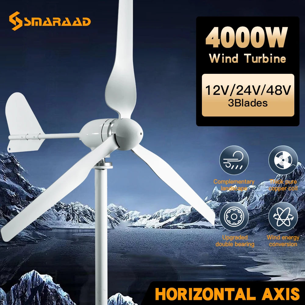 15kwh/day EU D-free Delivery Of 4000W 48V Horizontal Household 220V Wind Farm With Solar Cell System