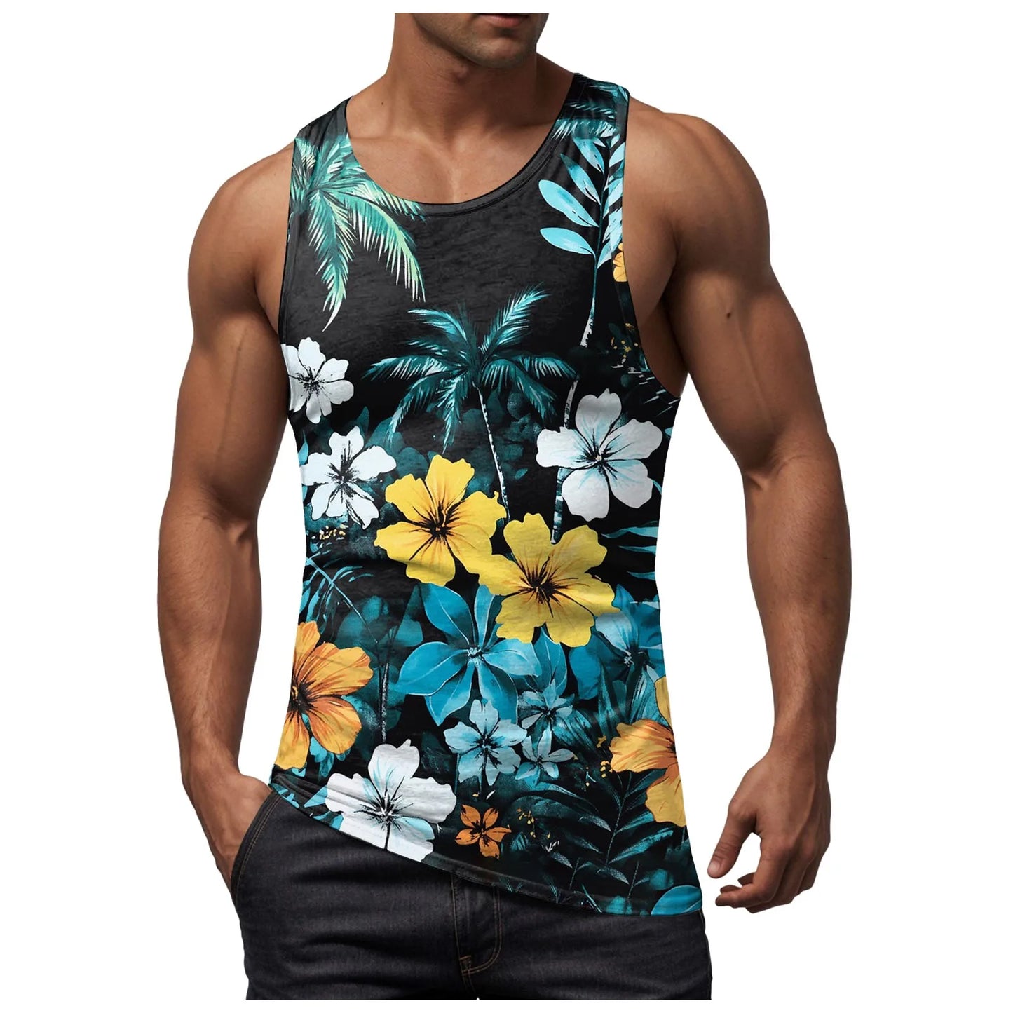 Men Vest Casual Comfortable Soft Breathable Fashion Printed Beach Tank Top Compression Hawaiian Vacation Pullover Plus Size
