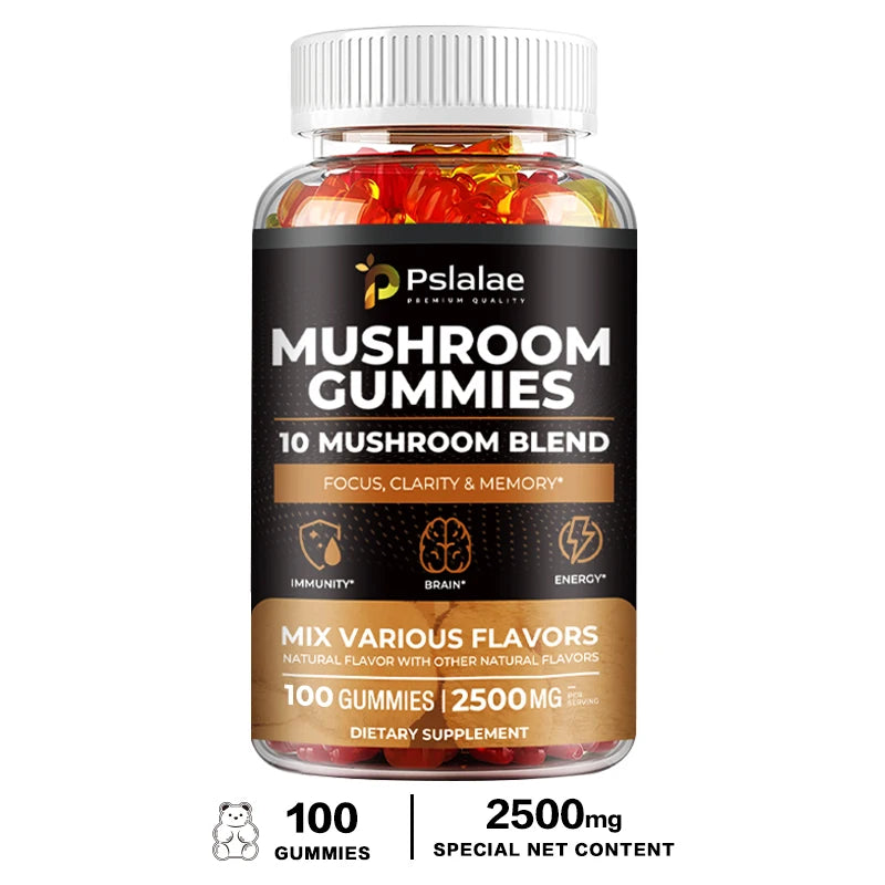 Mushroom Gummies - 10 Mushroom Blend - Natural Stress & Mood Support, Enhance Brain, Memory & Focus, Immune