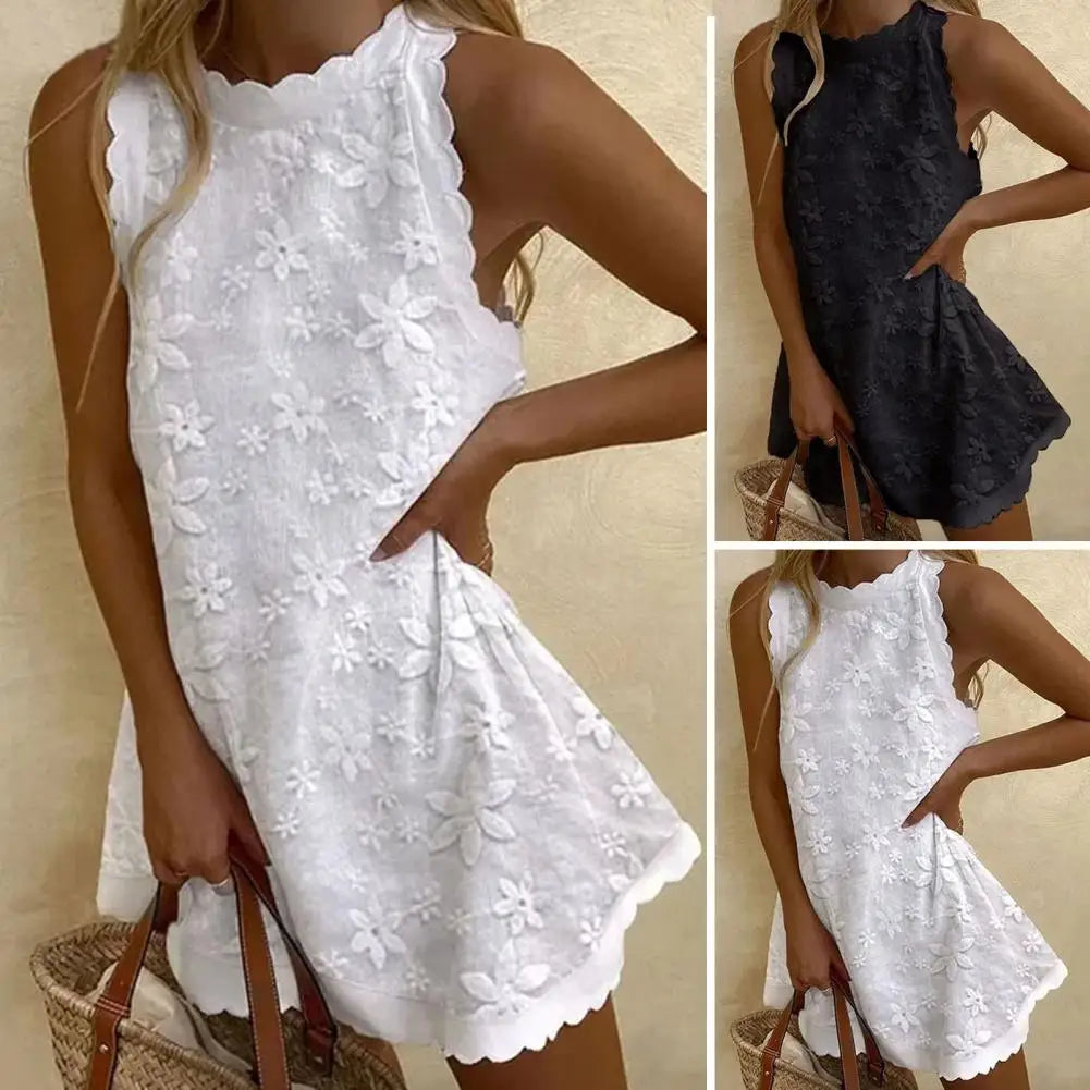 Women Summer Dress Floral Embroidery Off Shoulder Lady Dress Solid Color O Neck Sleeveless Dress Big Hem Ruffle Female Dress