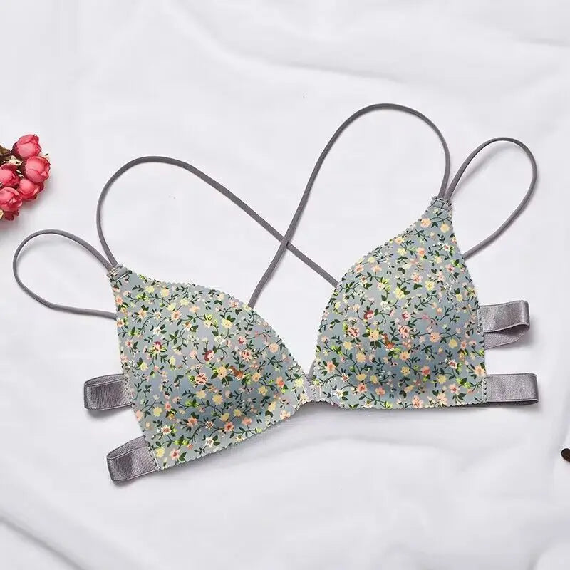 Women Flower Printed Bras Front Buckle Wireless Bralette Sexy Lingerie Comfort Push Up Floral Bras