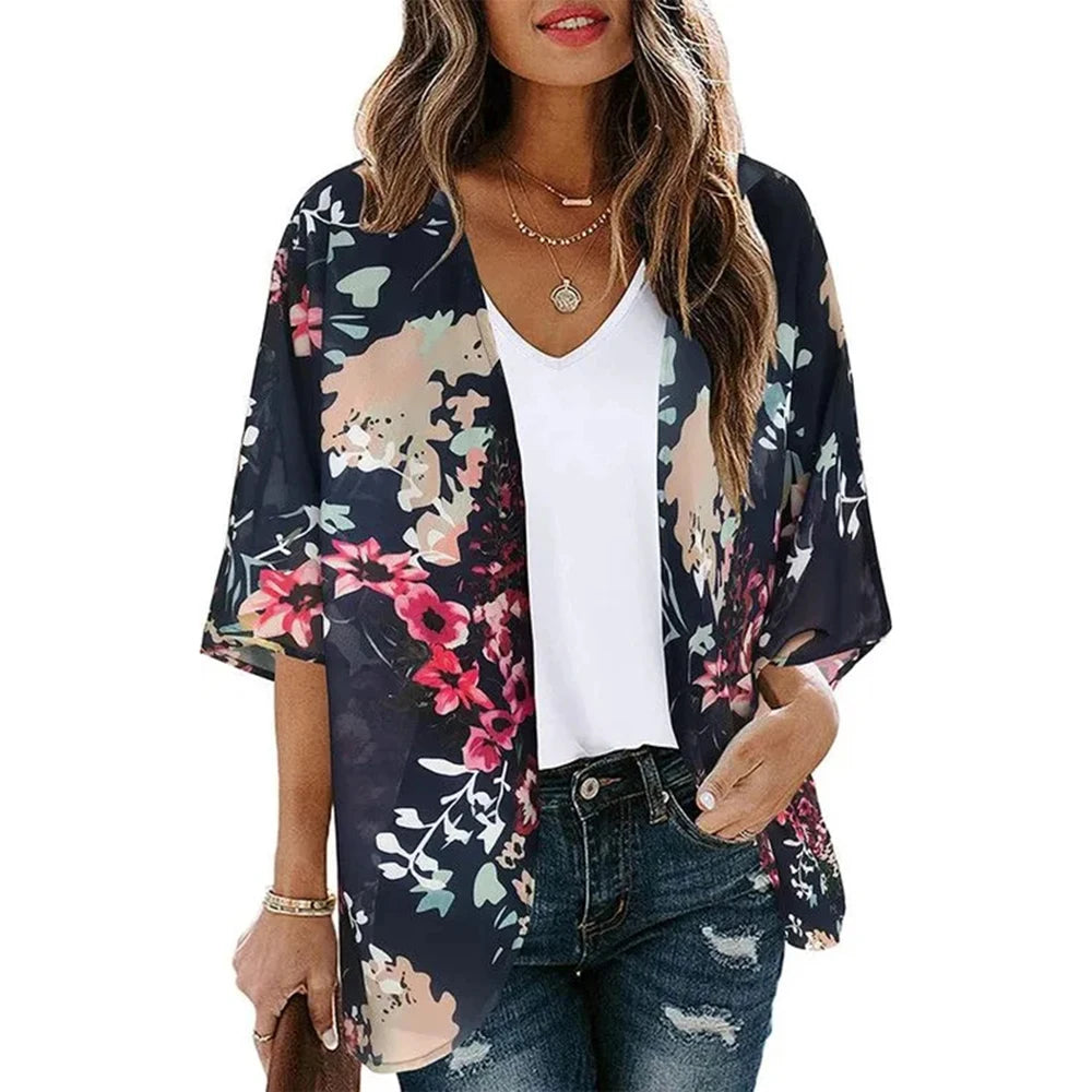 Women'S Summer Beach Kimono Cardigan Floral Print Chiffon Loose Top Bikini Cover Up Sexy Transparent Shawl Oversize Cardigan