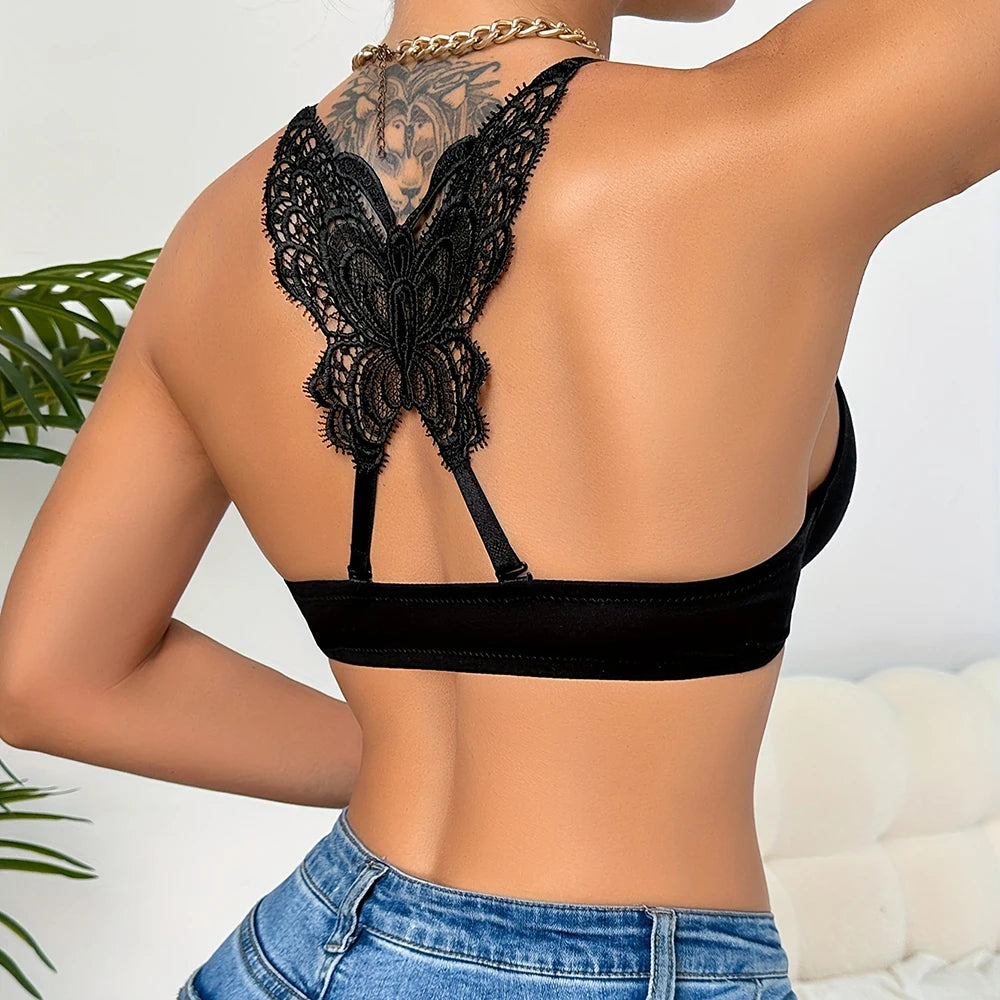 Women's Black Sexy Butterfly Embroidery Lingerie Front Buckle Removable Straps Underwire Thin Mold Cup Half Cup Lingerie