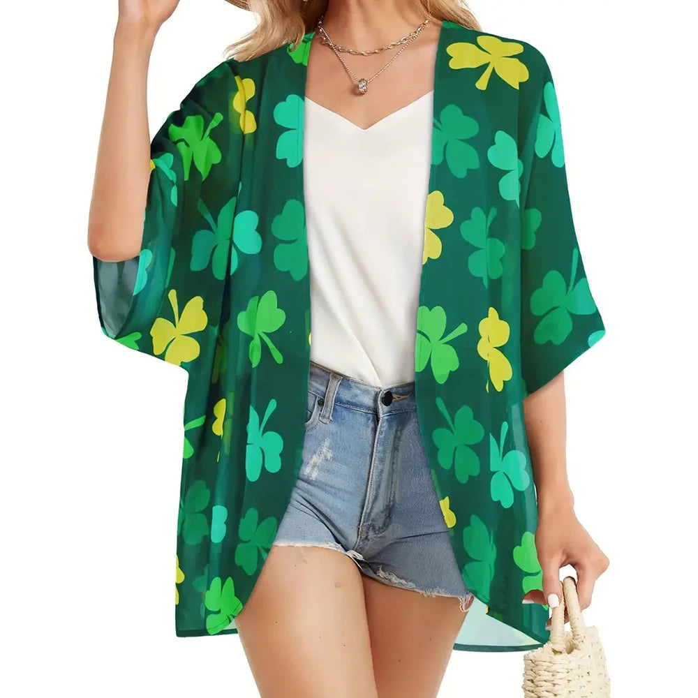 Women'S Summer Beach Kimono Cardigan Floral Print Chiffon Loose Top Bikini Cover Up Sexy Transparent Shawl Oversize Cardigan
