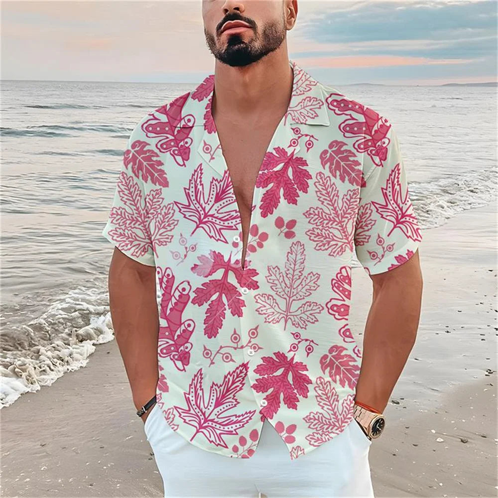 Summer men's casual short sleeved shirt Beach Plant flower 3D printed Hawaiian lapel 2024 New