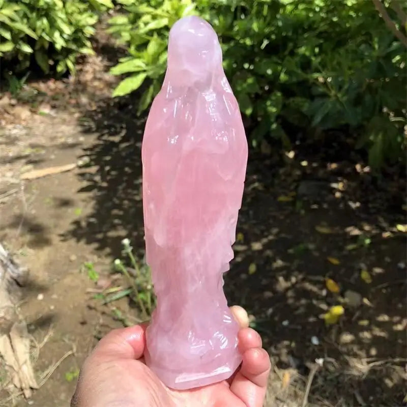 18cm Natural Rose Quartz Madonna Virgin Mary Carving Crafts Healing Stone Fashion Home Ornaments Birthday Gift 1PCS
