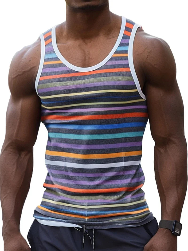 Vintage Striped Graphic Tank Tops For Men Fashion Casual Summer Sleeveless 3D Printed Vest Loose Crew Neck Quick Dry Sports Tees