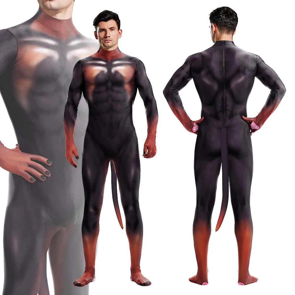 Zawaland Cosplay Halloween Animal Wolf Muscle 3D Printing Petsuit with Tail Furry Costume Zipper Jumpsuit Men Zentai Bodysuit