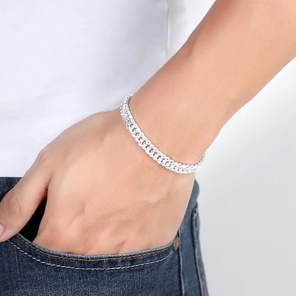 Fashion Original Brand 925 Stamped Silver Man 6MM Geometric Chain Bracelets Neckalces for Women Party Wedding Jewelry Sets