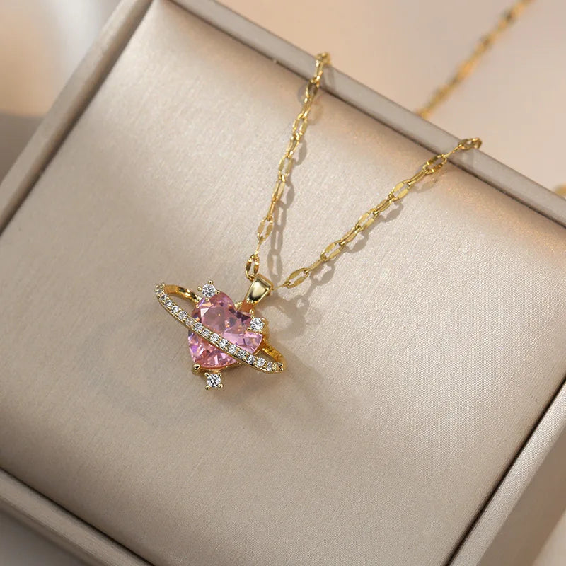 ZAKOL Gorgeous Colorful Zircon Love Heart Pendant Necklace For Women Fashion Stainless Steel Neck Chain Jewelry Gift