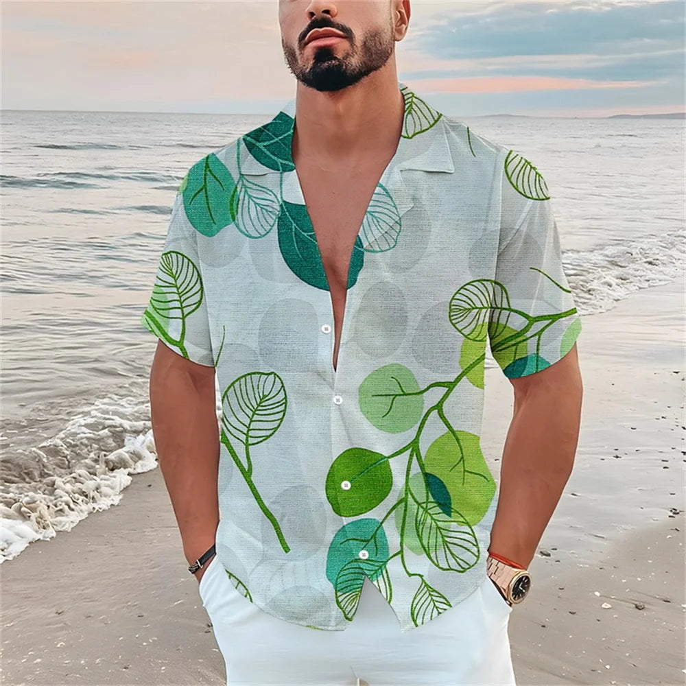 Summer men's casual short sleeved shirt Beach Plant flower 3D printed Hawaiian lapel 2024 New