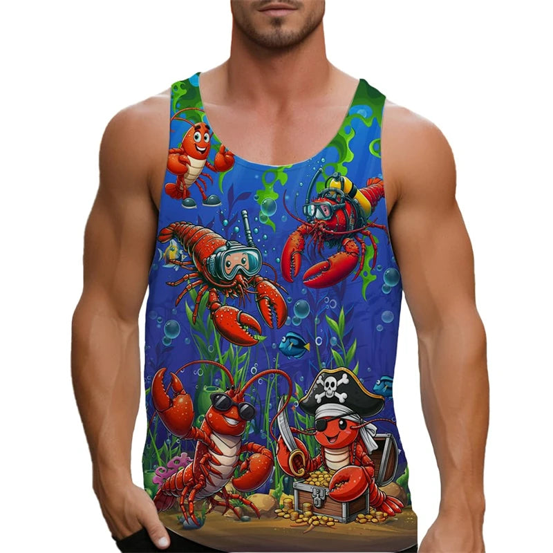 2025 Men's Tank Top Big Lobster Print Hawaiian Men's Casual Vest Comfortable Men's Sleeveless T Shirt Funny Undershirt Unisex