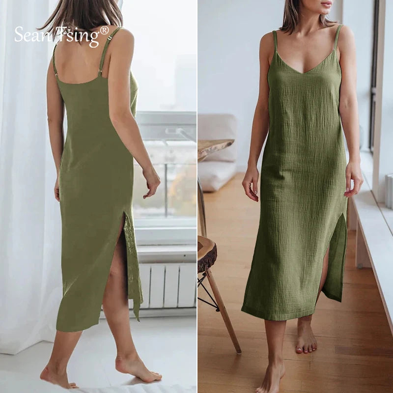 100% Cotton Woman's Dresses Sexy Spaghetti Strap Sleeveless Open Side Sundress Summer Long Maxi Female Dress vestidos para mujer