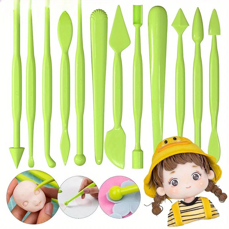 12PCS Fondant Flower Tool Set - Cartoon Kneading & Carving Molds for Dough Decorating