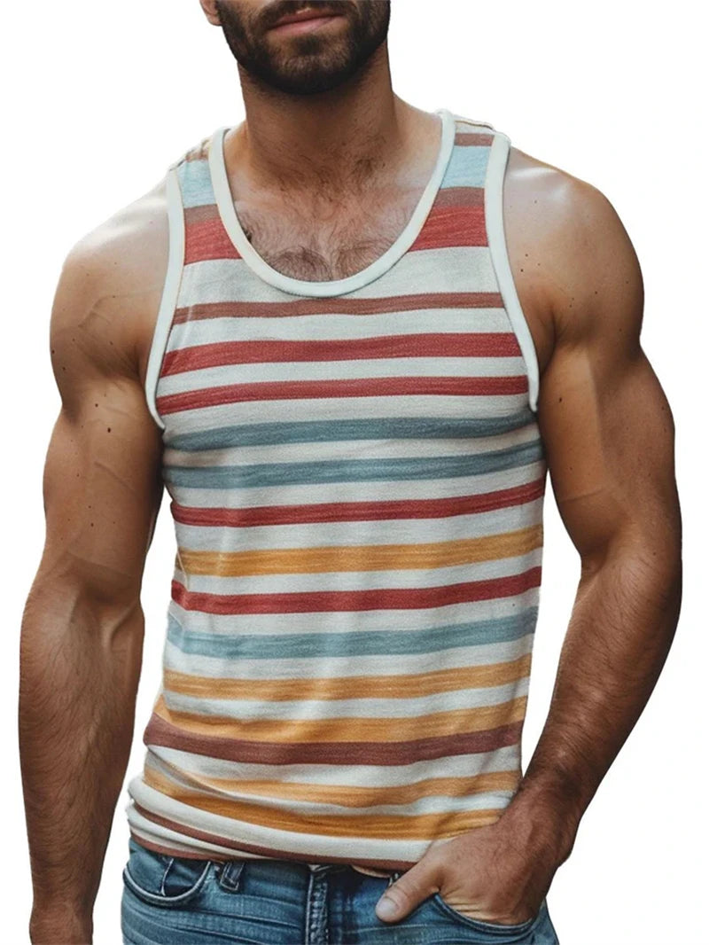 Mens Retro Stripe 3D Printed Tank Tops Fashion Summer Sleeveless Casual Sports Vest Loose Quick Dry Breathable Tees Clothes