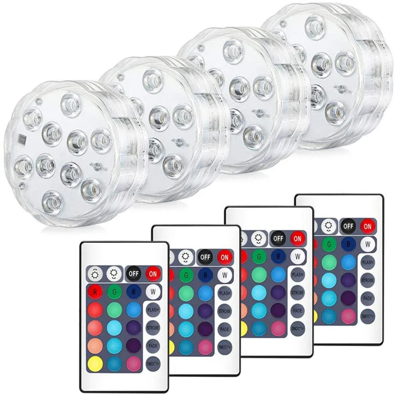 10leds RGB Led Submersible Light Underwater Night Lamp Battery Operated Garden Swimming Pool Light for Wedding Party Vase Bowl