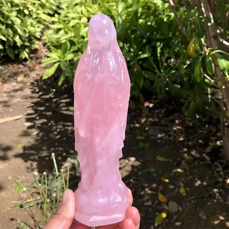 18cm Natural Rose Quartz Madonna Virgin Mary Carving Crafts Healing Stone Fashion Home Ornaments Birthday Gift 1PCS