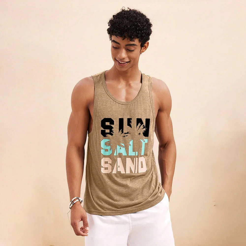 Summer Fresh And Simple Letter Men's Printed Men's Round Neck Vest Harajuku Street Fashion Daily Sports Fitness Breathable Vest