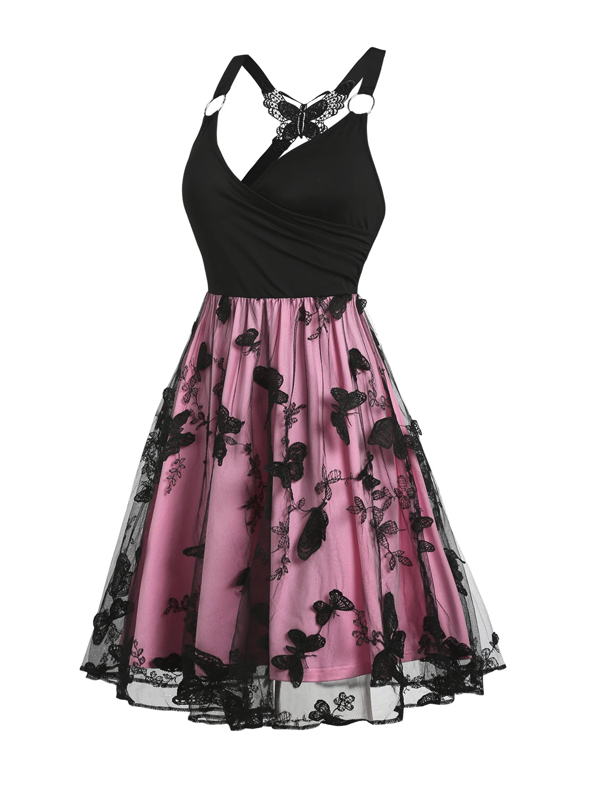 Women Summer Dresses 2024 O Ring Butterfly Back Sheer Mesh Overlay Crossover V Neck Dress Sleeveless A Line Mini Dresses