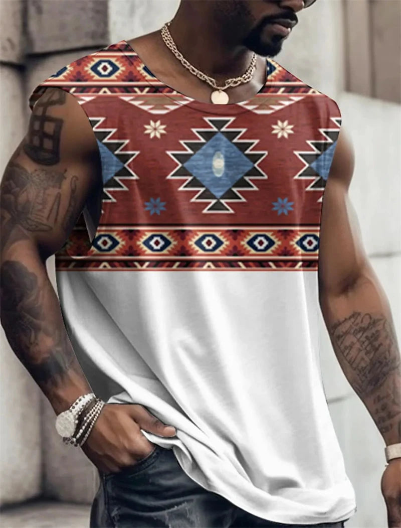 Men's Sleeveless T-Shirts Patterned Colorblocking 3D Printed Y2k Clothing Harajuku Casual Vest Daily Fitness Ethnic Print Tops