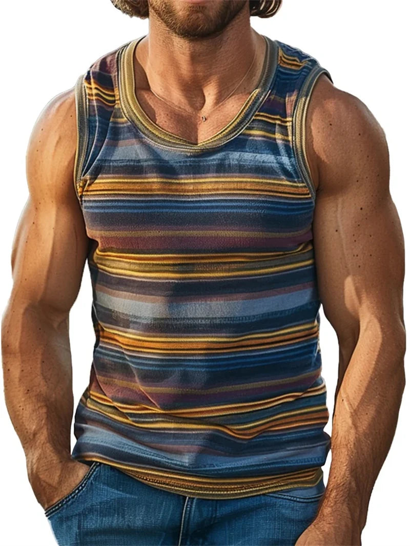 Retro Striped Graphic Tank Tops For Men Fashion Casual Summer Sleeveless 3D Printed Vest Loose Crew Neck Quick Dry Sports Tees