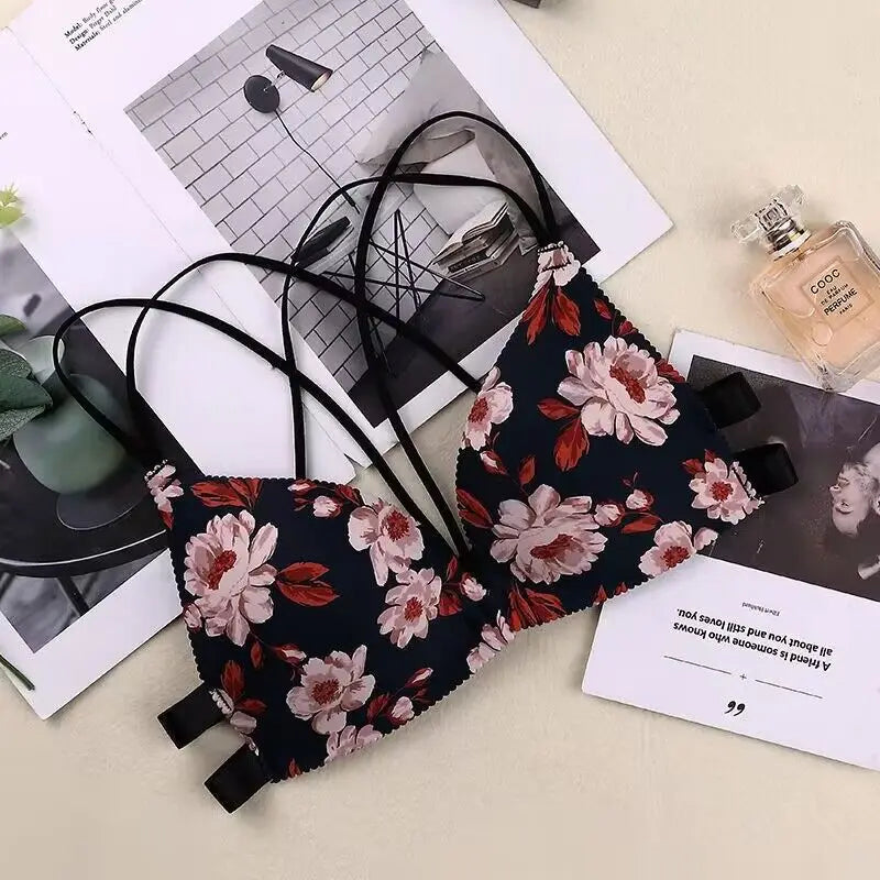 Women Flower Printed Bras Front Buckle Wireless Bralette Sexy Lingerie Comfort Push Up Floral Bras