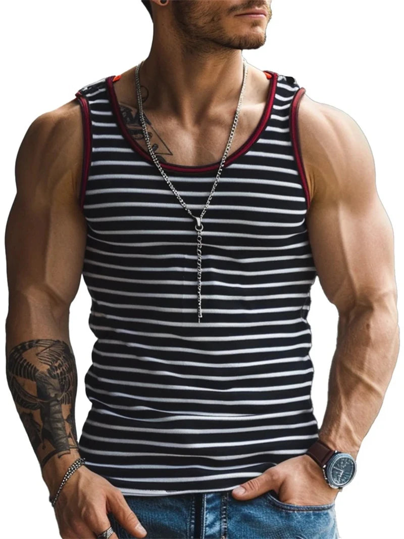 Vintage Striped Graphic Tank Tops For Men Fashion Casual Summer Sleeveless 3D Printed Vest Loose Crew Neck Quick Dry Sports Tees