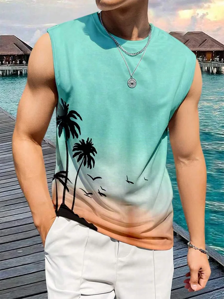 Summer Daily Casual Men's Tank Top Hawaiian Style Fish Print Men's Tank Top Seaside Party Men's Fashion Sleeveless T-shirt