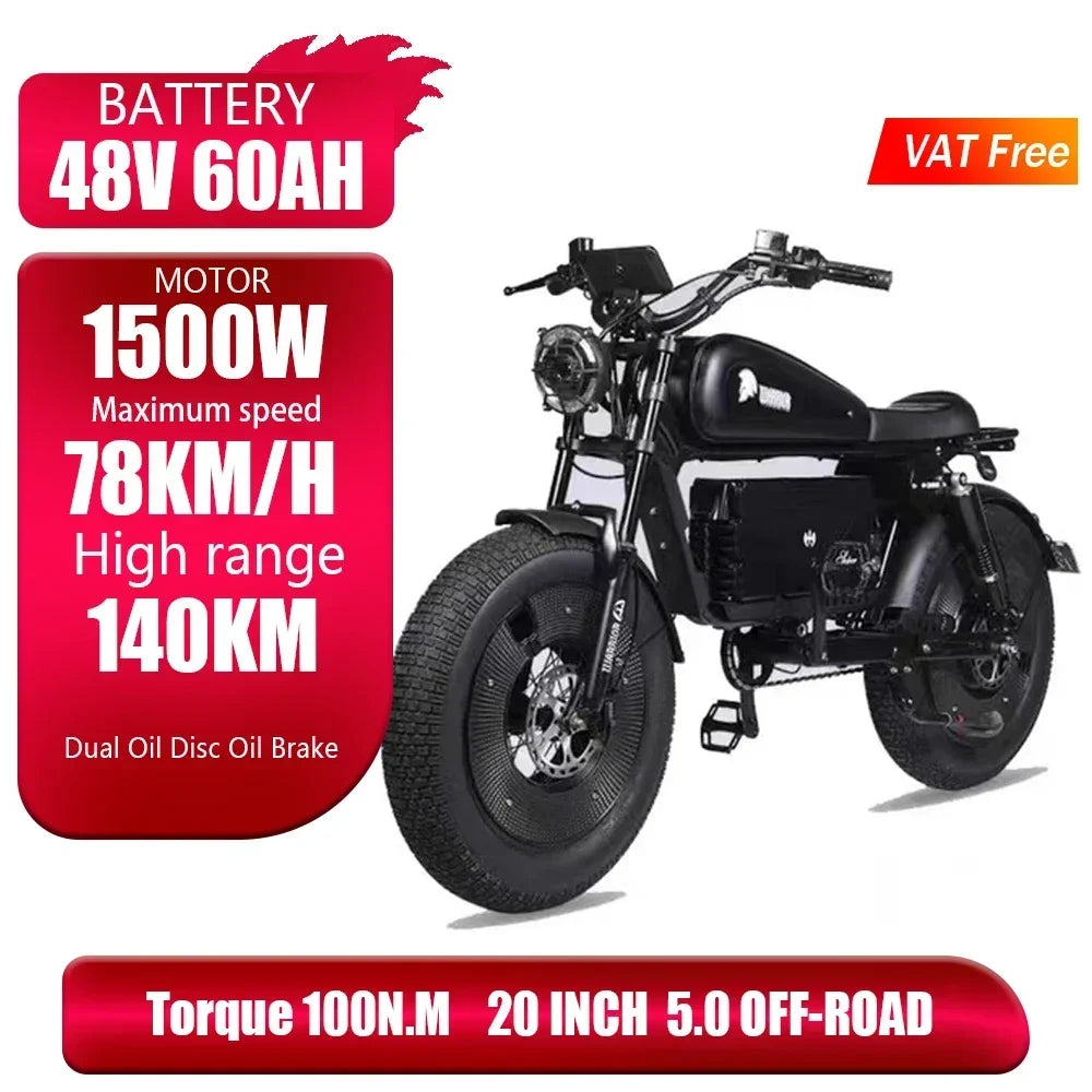 1500W 48V60AH Black Warrior Motorbikes 20inch Fat Tyre Electric Bike Adult Road Hydraulic brake E-bike Adult Road Electric Bike