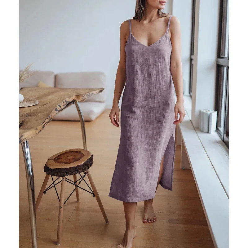 100% Cotton Woman's Dresses Sexy Spaghetti Strap Sleeveless Open Side Sundress Summer Long Maxi Female Dress vestidos para mujer