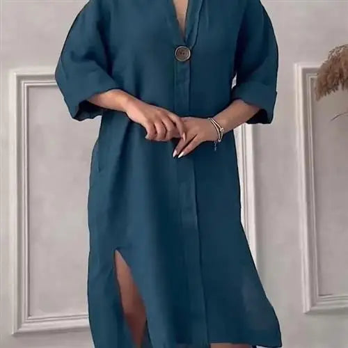 Women's Casual Button-Up Linen irt Long Ne round Color Blo Pet Clothing Accories