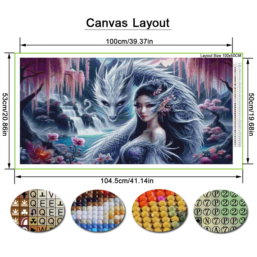 Woman and Dragon Large Size Diy Diamonds Painting Wild Animals Elephant Full Drill Mosaic Embroidery Elf Pictures 200x100cm