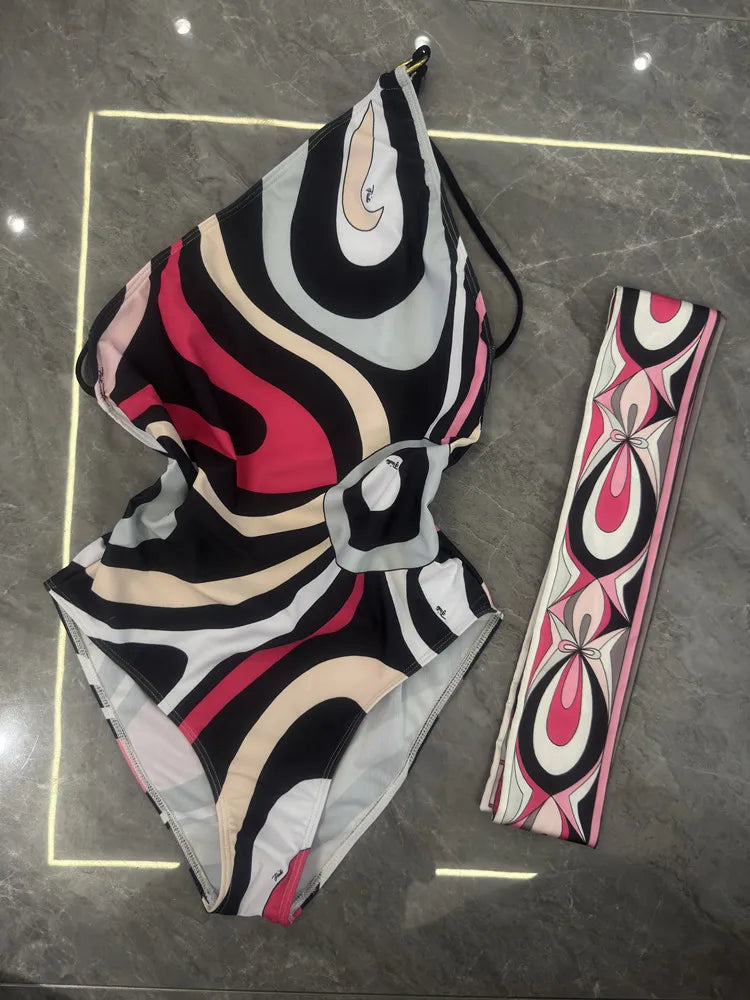 Women Swimsuit Split Swimsuit Bikini Striped Geometry Pattern One-Piece Swimsuit
