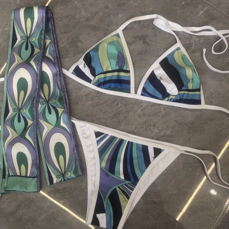Women Swimsuit Split Swimsuit Bikini Striped Geometry Pattern One-Piece Swimsuit