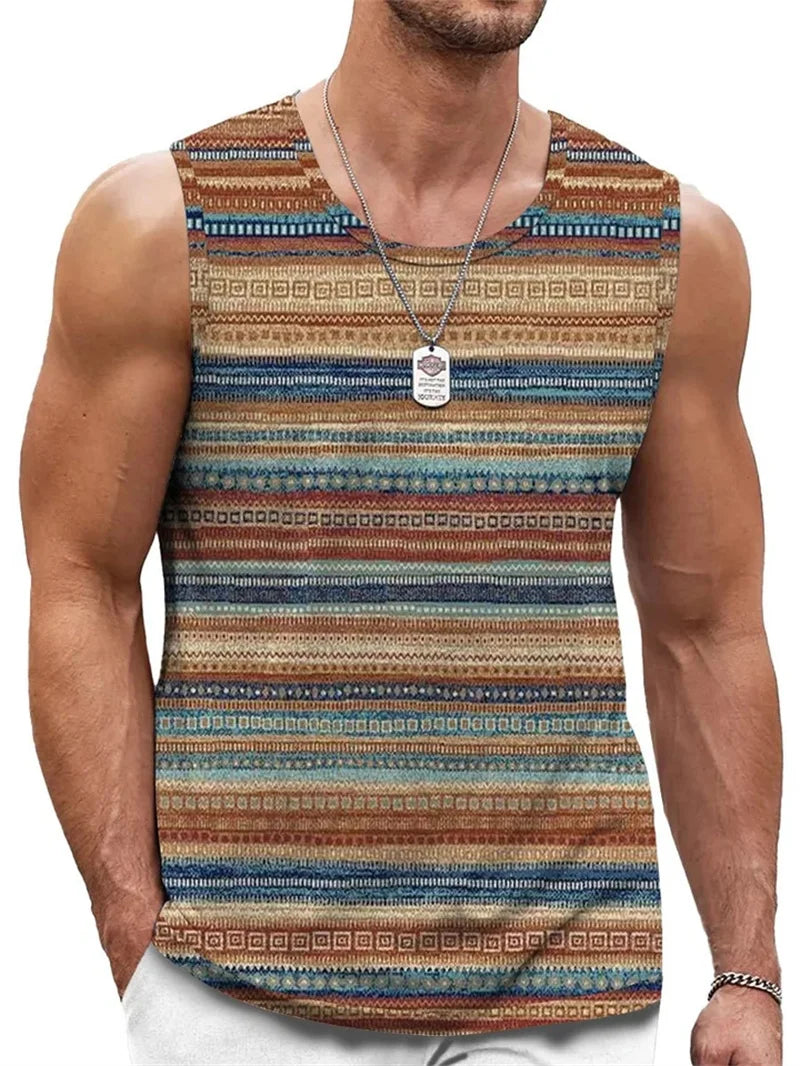 Men's Retro Ethnic Print Crew Neck Tank Top Texture Plaid Stripe 3d Vest Fashion Street Sleeveless Breathable Casual Sport Tops