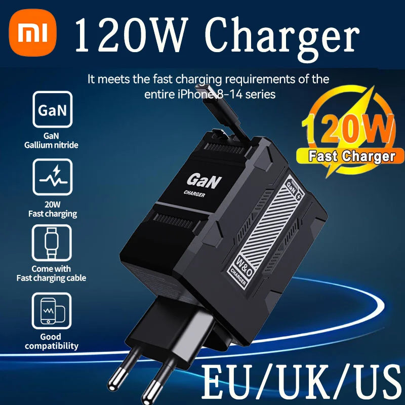 Xiaomi 120W GaN Fast Charger Compatible With Retractable Type-c And Ligtning Cable Portable Adapter For Iphone 16 Ipad Macbook