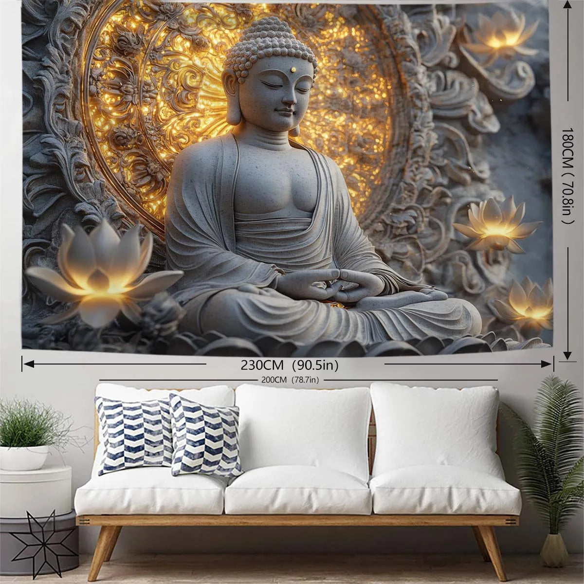 1pc Giant Spiritual Buddha Statue and Lotus Tapestry Wall Hanging - Polyester Peach Light Beige Fabric for Living Room, Bedroom