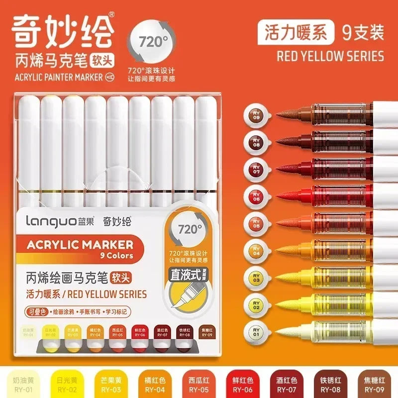 171/9 Direct Liquid Acrylic Art Markers Paint Pens Brush Color Marker for Rock Painting Stone Glass DIY Art Supplies Stationery