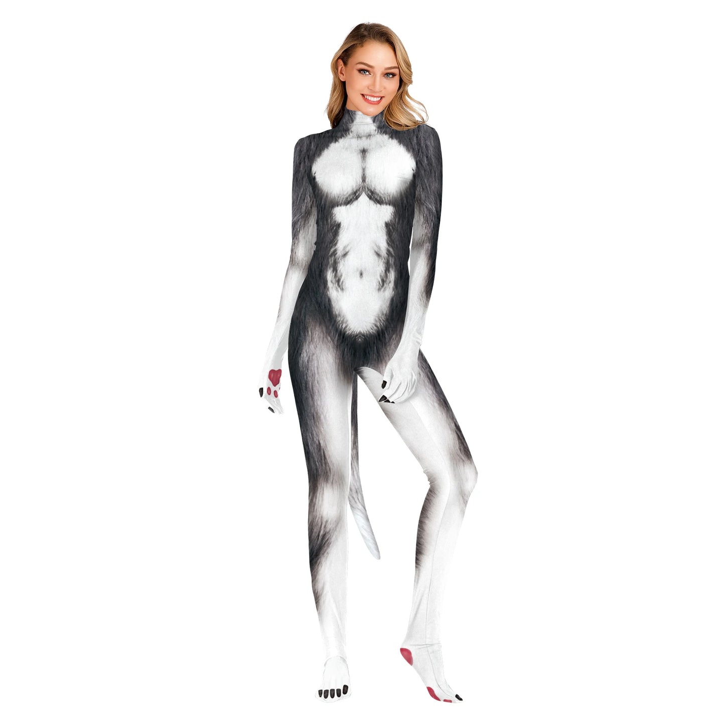 Zawaland Animal wolf 3D Print Petsuit with Tail Cosplay Costume Crotch Zip Jumpsuit Funny Halloween Carnival Disguise Bodysuit
