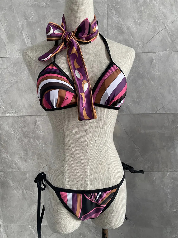 Women Swimsuit Split Swimsuit Bikini Striped Geometry Pattern One-Piece Swimsuit