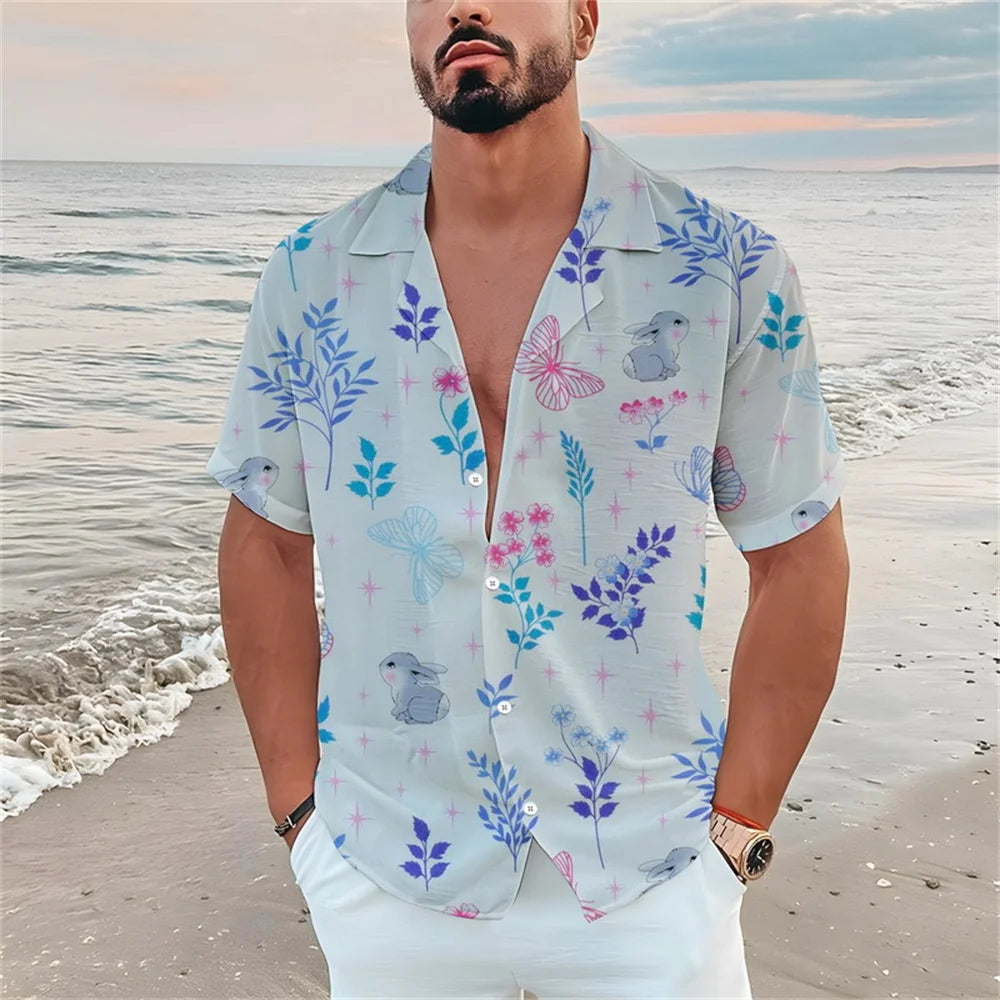 Summer men's casual short sleeved shirt Beach Plant flower 3D printed Hawaiian lapel 2024 New