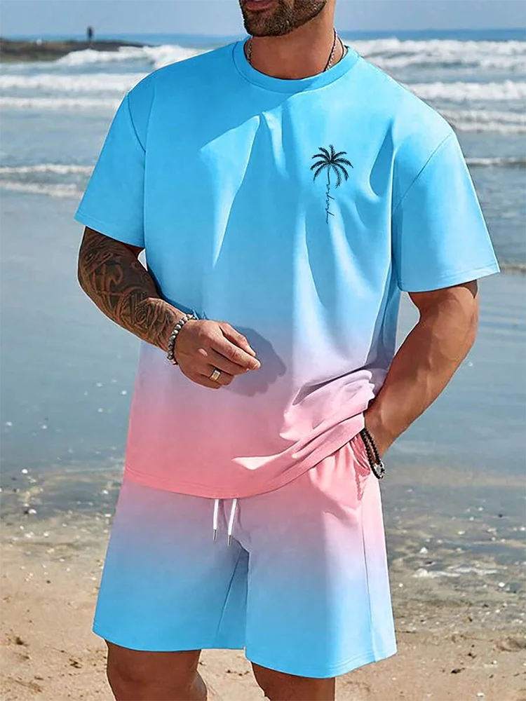 2 Piece Summer Casual Everyday Men's Short Sleeve Shorts Set Hawaiian Print Men's T-shirt Outdoor Sports Men's Beach Shorts