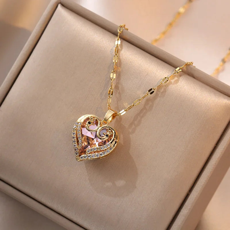 ZAKOL Gorgeous Colorful Zircon Love Heart Pendant Necklace For Women Fashion Stainless Steel Neck Chain Jewelry Gift