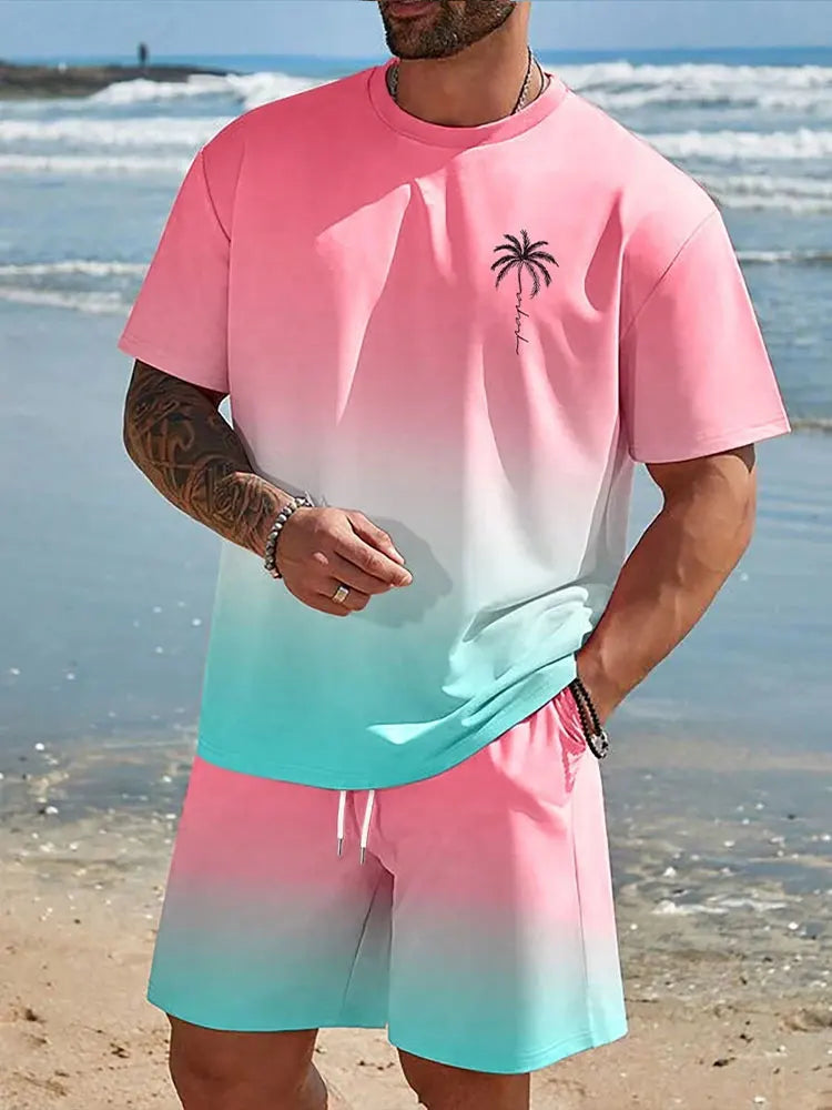 2 Piece Summer Casual Everyday Men's Short Sleeve Shorts Set Hawaiian Print Men's T-shirt Outdoor Sports Men's Beach Shorts