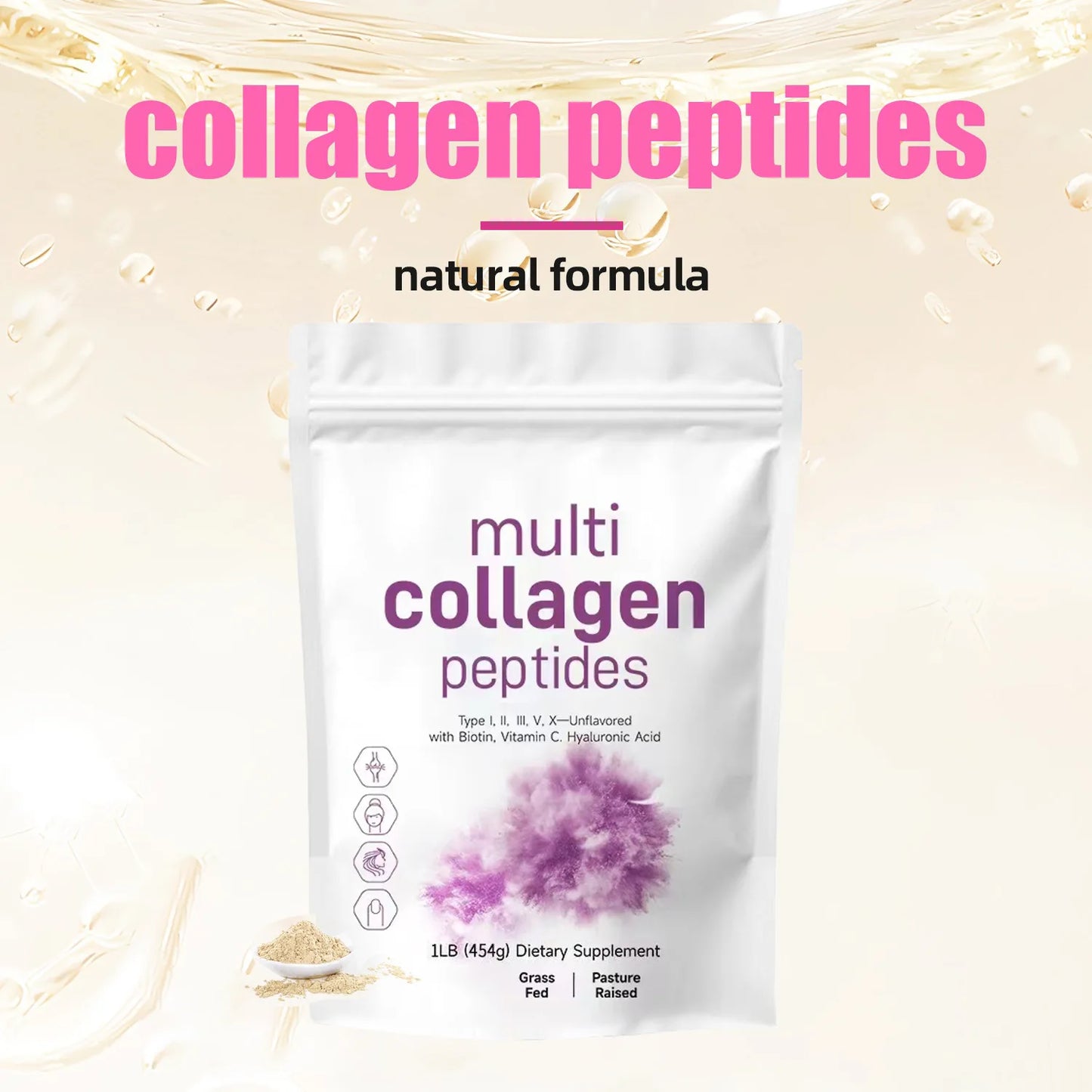 1LB Multi Collagen Protein Peptides Powder, Type I,II,III,V,X - Unflavored with Biotin 10000mcg,, Vitamin C, Hyaluronic Acid
