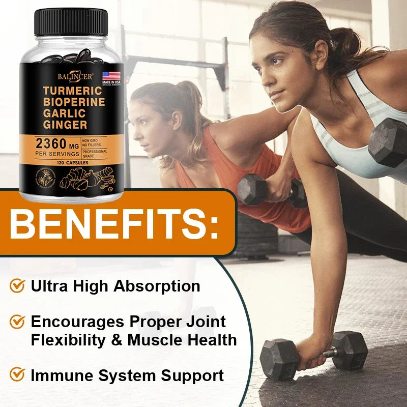 4-in-1 Turmeric Ginger Supplement with Pepperin 2360 Mg with Garlic Curcumin Black Pepper, for Joint, Digestive & Immune Support