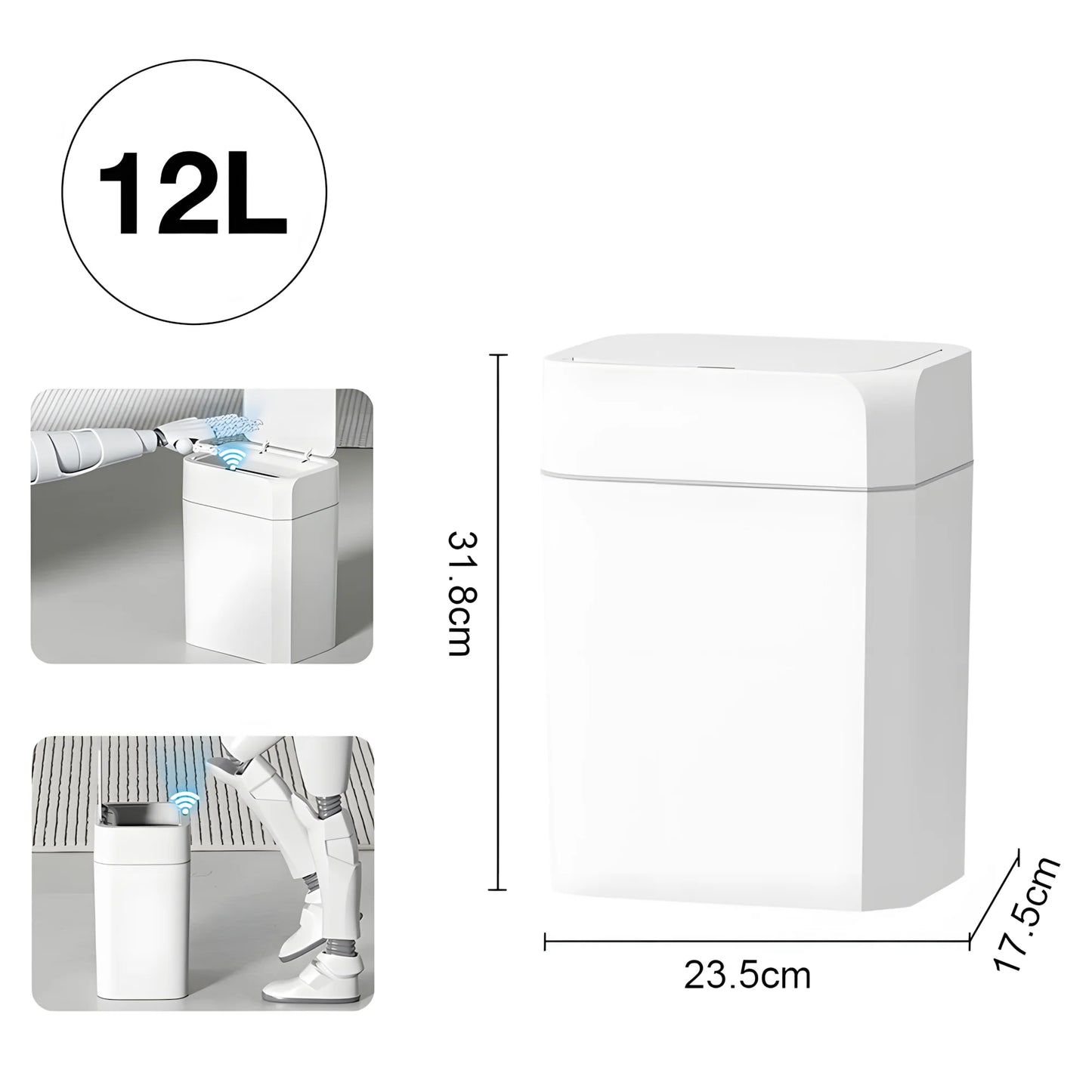 12L+16L Automatic Sensor Trash Can IPX4 Waterproof Bathroom Smart Trash Basket White Electric Toilet Wastebasket