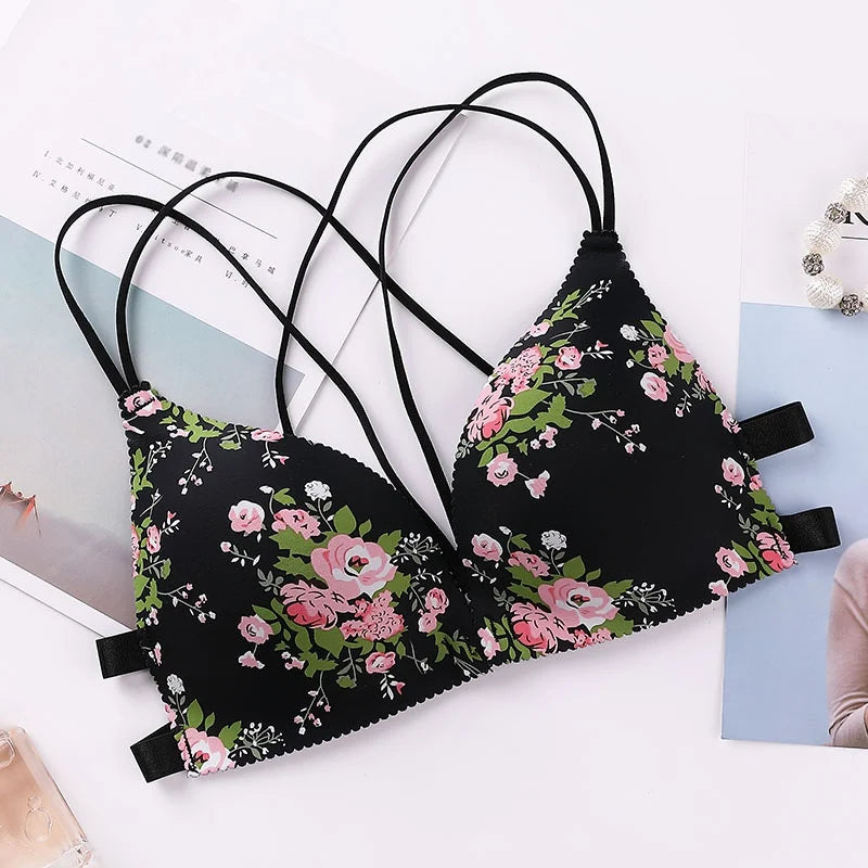 Women Flower Printed Bras Front Buckle Wireless Bralette Sexy Lingerie Comfort Push Up Floral Bras