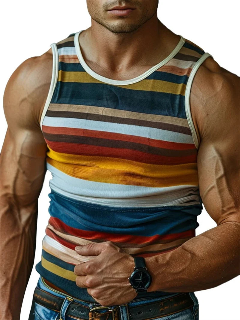 Mens Retro Stripe 3D Printed Tank Tops Fashion Summer Sleeveless Casual Sports Vest Loose Quick Dry Breathable Tees Clothes